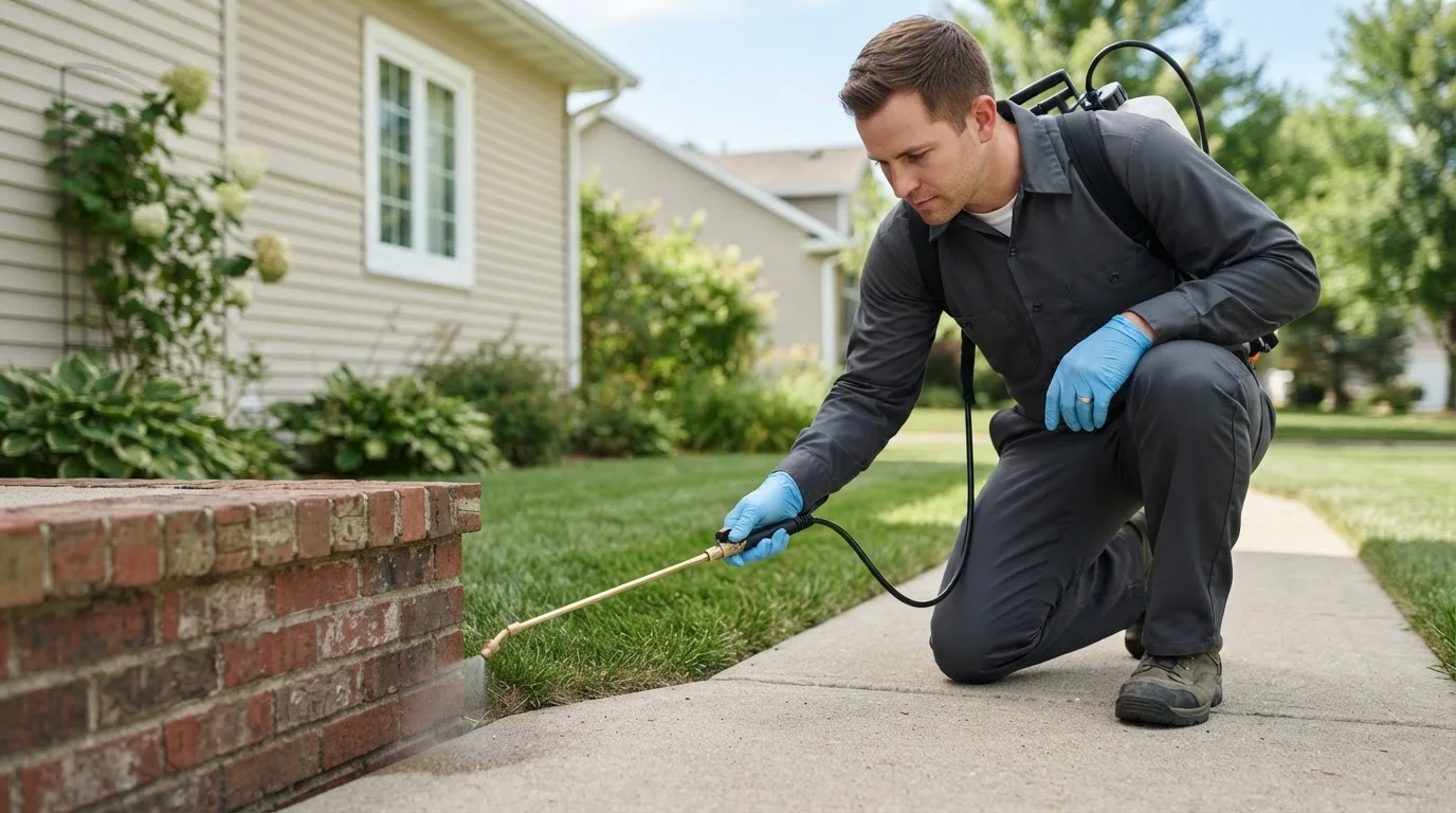 Pest control technician treating a home near Rio Vista, TX